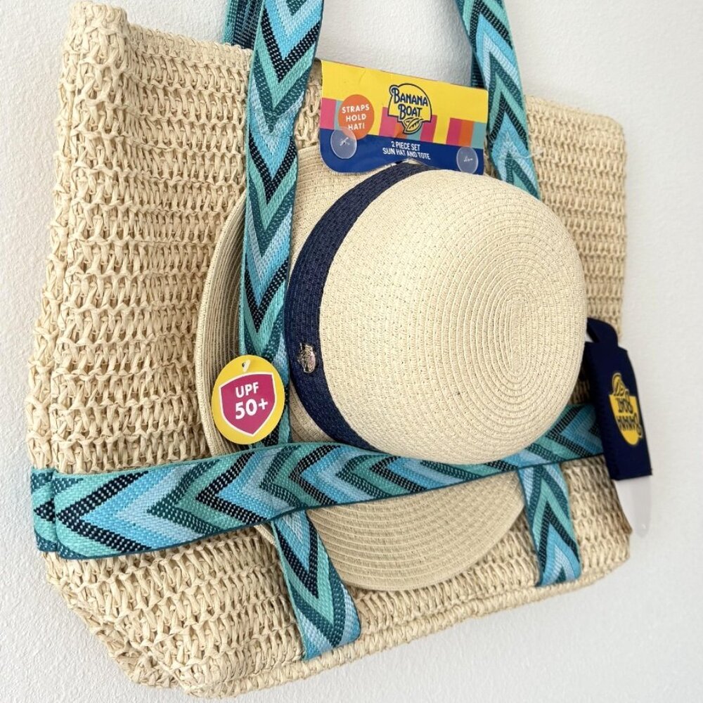 Banana Boat Straw Tote Bag Sun Hat UPF 50+ Insulated Can Cooler 3pc Set NWT - Picture 2 of 7
